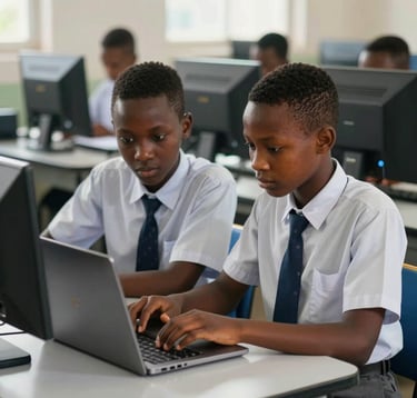 A medium shot of two West African secondary students in clean school uniforms working together with a modern laptop in a brightly lit, organized computer lab. The lighting is natural and the style is professional and focused.