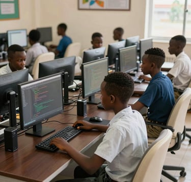 A modern computer lab in a Nigerian school where students are focused on their screens, learning to code. The room is well-lit with professional desks in dark brown and chairs in off-white. The atmosphere is one of calm concentration.