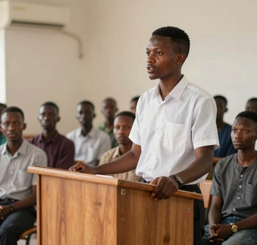 A West African student standing confidently at a wooden podium in a well-lit hall, speaking to a group of peers. The atmosphere is one of calm professionalism and structured leadership development.