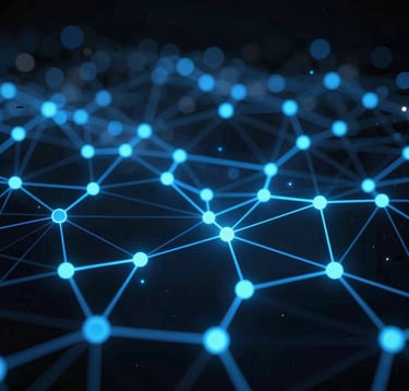 A vast network of glowing electric blue neural network nodes and connections against a deep charcoal black background. Sharp focus with digital bokeh in the distance, portraying complex data architecture in a high-tech style.