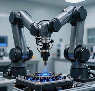 A close-up photograph of a precision robot arm working in a modern European / British laboratory. The scene is dominated by deep charcoal tones with electric blue glowing circuits visible beneath the industrial casing. The lighting is cinematic, highlighting the mechanical gears and technical complexity.