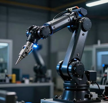 A close-up of a high-tech industrial robot arm in a dark factory setting, illuminated by sharp electric blue lights. The metal surfaces are deep charcoal black with precise mechanical detailing.
