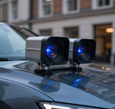 A macro photograph of autonomous car sensors and LiDAR modules mounted on a sleek vehicle in a European / British urban setting at dusk. The sensors reflect electric blue light against the deep charcoal car body. The style is industrial, clean, and technically authoritative.