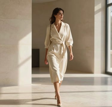 An elegant person in a chic French outfit walking through a luxurious, minimalist limestone interior. The scene is bathed in soft afternoon sun, reflecting high-end European living.