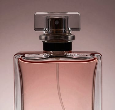 A minimalist, stylized macro shot of a perfume bottle's glass cap. Refractions of light create elegant patterns in dusty rose and dark burgundy. Professional studio lighting, sharp focus on the texture of the glass, ultra-luxurious feel.