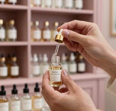 Close-up photography of a perfumer's hands delicately measuring a golden essence into a crystal vial. The setting is a classic French apothecary with antique wooden shelves and soft lighting in dusty rose and pearl white tones.