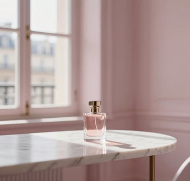 Minimalist interior of a Parisian boudoir with a marble table holding a perfume bottle. Soft natural light streams through a tall window, casting gentle shadows. Colors are dominated by soft pinkish white and dusty rose, creating an atmosphere of calm luxury.