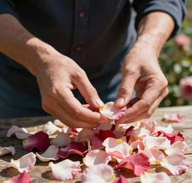 Hands of a master perfumer carefully selecting rose petals in a sun-drenched French garden. The composition is artistic and airy, focusing on the delicate textures and the contrast between the flowers and the rich dark tones of the clothing.