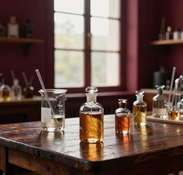 Luxury photography of perfume extraction. Glass beakers and crystal bottles containing amber-colored oils sit on a dark wooden table. Soft morning light enters through a tall window in a European atelier. Deep burgundy and muted red accents throughout the scene.