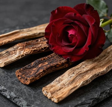 Artistic photography of rare botanical ingredients, including a deep red rose and sandalwood bark, arranged on a dark reflective stone surface. European mood, soft professional lighting highlighting textures, rich burgundy and deep red color palette.