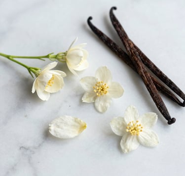 A collection of rare botanical ingredients, including fresh jasmine petals and vanilla pods, arranged elegantly on a white marble surface. Soft, natural lighting, European aesthetic.