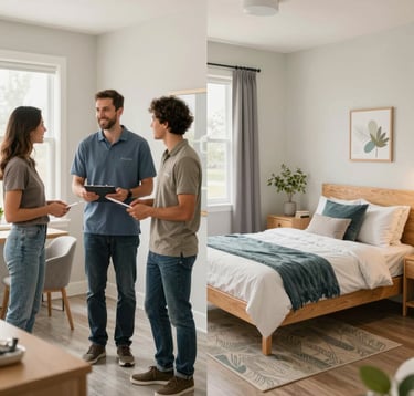 A professional split-screen photograph. The left side shows a friendly, welcoming local host family in a clean, modern home. The right side features a bright, secure, and modern student residence room. Both images reflect North American / US professional aesthetics of safety and comfort.