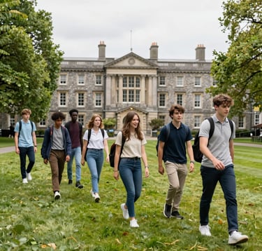 A crisp, high-quality photograph of a group of international students during an organized excursion on a vibrant green university campus in Dublin. The composition is clean and professional, using natural daylight to highlight the prestigious and safe atmosphere of the destination.