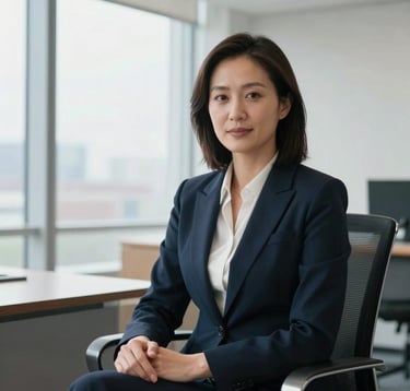 A professional portrait of a female executive in corporate attire, sitting in a bright North American office with large windows, looking confident and friendly, with a clean aesthetic.