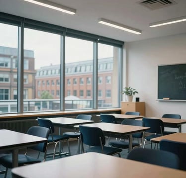 A photography shot of the interior of a modern, bright classroom in a British city. A large glass window provides a view of urban architecture. The setting is clean, professional, and efficient, perfectly suited for a North American / US corporate brochure.