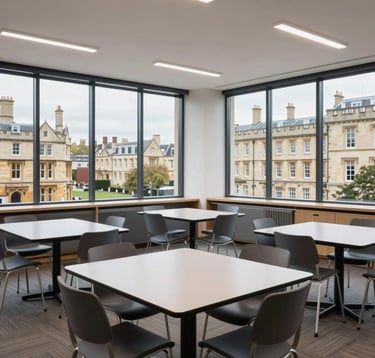 A bright and clean professional photograph of a modern classroom with large windows overlooking a historic British city like Oxford. The interior is professional and well-equipped with contemporary furniture, embodying North American / US standards of academic excellence and corporate efficiency.