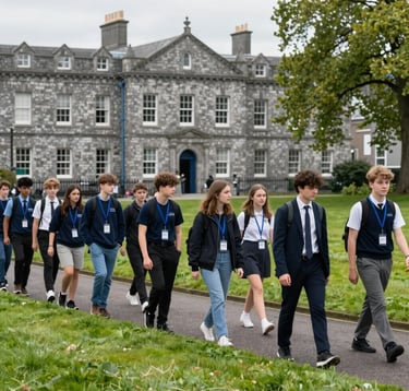 A professional photography shot of students participating in an organized group excursion at a historic landmark in Dublin, Ireland. The background features lush green grass and traditional Irish stone architecture. The atmosphere is reliable and educational, reflecting North American / US corporate efficiency.