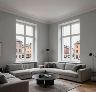 A high-end interior of a transformed apartment in a historic building. High ceilings, minimalist light gray walls, and large windows overlooking a Baltic city street. The furniture is modern and functional, showcasing the result of a premium renovation.