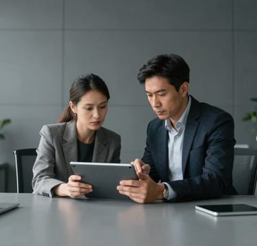 A professional setting in a modern office with graphite gray walls. Two experts in smart-casual attire are discussing a project over a large tablet. The style is minimalist, clean, and trustworthy, reflecting a premium Baltic business aesthetic.