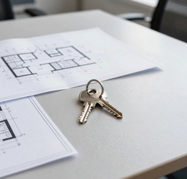 A flat lay photography of architectural blueprints and a modern metal house key on a light grey textured table. Professional and clean office environment in a Baltic region office.