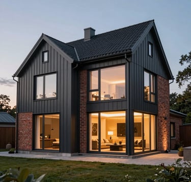 A stunning wide shot of a renovated Baltic villa at dusk. The exterior combines traditional brickwork with modern charcoal gray metal and large windows. Warm interior lighting glows through the glass, showcasing a premium living environment.