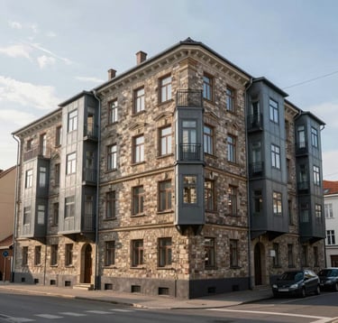 A wide shot of a beautifully restored residential apartment building in a Baltic urban setting. The architecture is a mix of classic masonry and modern graphite grey metal accents. Clean streets, soft daylight, premium residential feel.