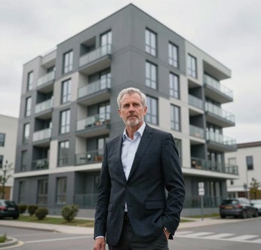 A professional architect in Northern European attire standing in front of a recently renovated multi-apartment building with a minimalist graphite and glass design, soft overcast daylight.
