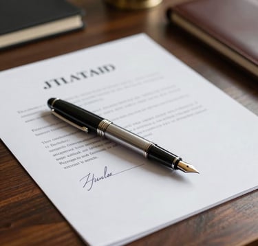 A close-up of a high-end fountain pen resting on a signed legal contract, placed on a dark wood desk in a professional North American / Mexican (Yucatán) office. Soft afternoon light, professional and secure atmosphere.