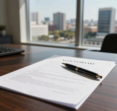 Close-up of a high-quality legal contract on a dark wood desk with a high-end pen. In the background, a large window reveals a sunny, modern urban landscape of North American / Mexican (Yucatán). The lighting is professional and sharp.