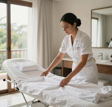 A high-end, bright, and airy interior of a luxury medical suite or hotel room in Mérida, Yucatán. A professional housekeeper in North American / Mexican (Yucatán) attire is seen finishing the arrangement of a mist white linen set. The lighting is natural and bright, conveying a sense of hassle-free management.