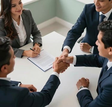 A top-down view of a professional desk where North American / Mexican (Yucatán) business partners are shaking hands over a real estate contract. The office is bright with soft sage walls and minimalist decor.