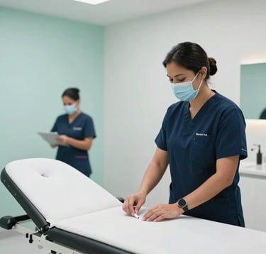 Photography of a professionally managed high-end medical suite in Mérida. The interior features soft sage aqua accents, pale mint white walls, and clean lines. A North American / Mexican (Yucatán) professional staff member is seen in the background, subtly blurred, emphasizing the turnkey service and hassle-free administration.