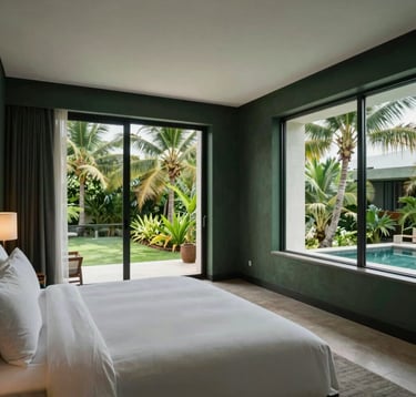 A wide shot of a luxury hotel suite interior at The MB Hotel in Yucatán. The style is modern and minimalist with dark slate green accents and large windows showing a tropical garden.
