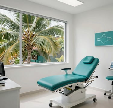 A bright, impeccably clean interior of a modern medical suite in Mérida. Large windows showing tropical palm leaves, minimalist furniture in mist white and tropical forest teal tones. North American / Mexican (Yucatán) setting.