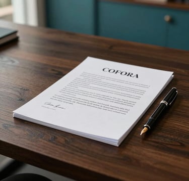 A close-up photograph of a signed legal contract on a minimalist dark wood desk in a professional North American / Mexican (Yucatán) office. A sleek fountain pen rests beside the document. The lighting is warm and elegant, highlighting the stability and security of the investment. Accents of medium teal in the office decor.