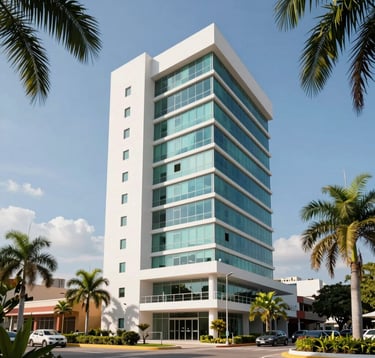 A vibrant architectural photograph of a modern medical tower exterior in the Temozón zone of Mérida, Yucatán. The building features clean lines, large windows, and is surrounded by lush tropical landscaping. Bright daylight emphasizes the premium quality of the North American / Mexican (Yucatán) development.