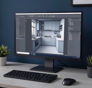 A sophisticated workspace in a Northern European / Baltic home office. A large monitor displays a complex technical 3D drawing of a kitchen interior. The lighting is focused and professional, with a steel blue and dark navy color palette. The setting is clean, orderly, and reflects high technical expertise.