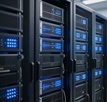 A detailed professional shot of a modern data center with glowing sky blue lights on server racks, emphasizing technical expertise, reliability, and cutting-edge backend engineering.