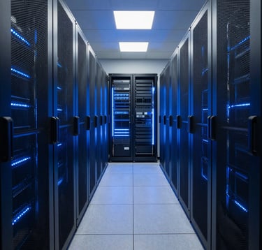 A clean, modern data center aisle in North America with dramatic bright blue LED lighting from server racks casting soft shadows on the floor. The environment communicates high-tech security and reliability.