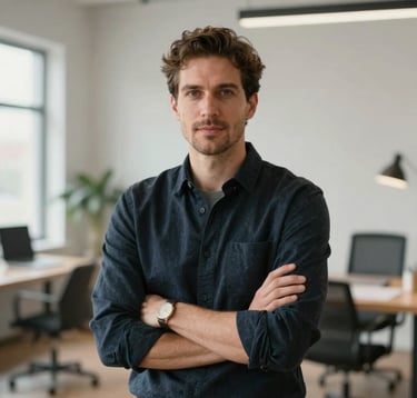 A sharp, professional portrait of a design specialist in a creative North American studio. They are looking confidently at the camera, wearing professional attire. The studio features soft, natural lighting and modern minimalist decor.