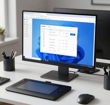 A professional designer's workstation in a sunlit North American office. A large monitor displays a clean, modern interface design in shades of bright blue and white. A digital drawing tablet and a minimalist mechanical keyboard sit on a white desk.