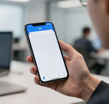 A medium close-up of a professional in a modern North American office setting using a sleek smartphone. The screen displays a professional business application with clean slate blue and white UI elements.
