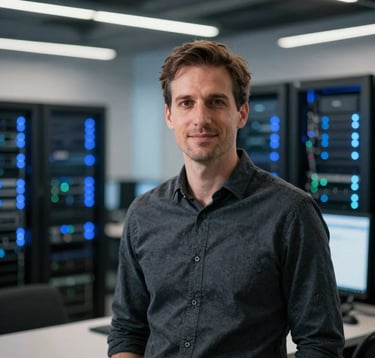 A professional portrait of a tech expert in a dark slate shirt, standing in a brightly lit, modern North American software firm. The background is slightly out of focus, showing server racks and glowing blue indicator lights, conveying expertise and technical precision.