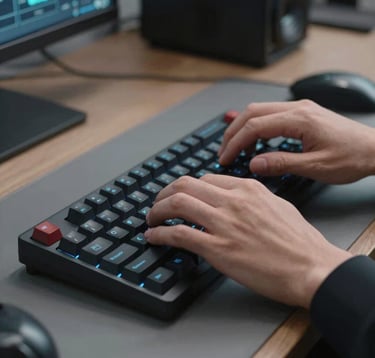 A close-up photograph of a professional developer's hands working on a mechanical keyboard with subtle blue backlighting in a modern tech hub workspace in the United States, emphasizing speed and technical precision.