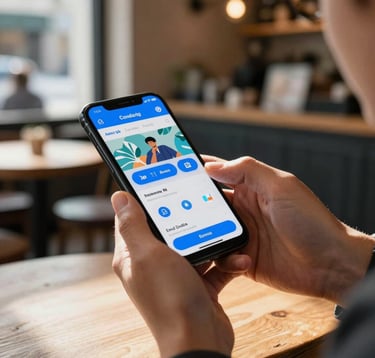 A close-up of a person in a trendy urban North American cafe using a smartphone to interact with a vibrant e-commerce app, featuring bright blue buttons, morning sunlight, and a professional look.