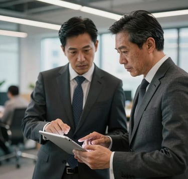 A photography shot of two professional consultants in business attire collaborating over a tablet in a well-lit, open-plan office in a major North American city, reflecting partnership and modern expertise.