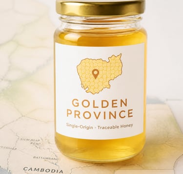 Golden Province single-origin traceable honey jar on a map of Cambodia.