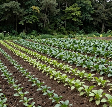 A wide-angle photography shot of a regenerative farm showcasing healthy soil and a variety of cover crops. The composition is balanced and natural, using deep forest green and light green tones. The setting is International / Global, portraying a successful transition to sustainable, resilient land management.