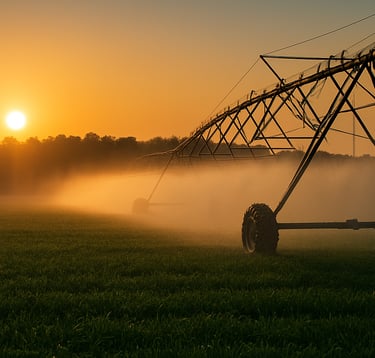 Authoritative photography of a modern irrigation system spraying a fine mist over a forest green field at dawn, with the sun rising in the background. The scene reflects advanced technology and environmental stewardship. International / Global.