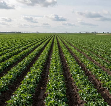 Breathtaking landscape photography of a vast, high-efficiency farm featuring precision-aligned rows of forest green crops and advanced irrigation systems. The soil is rich and dark, and the sky is a soft cloudy white. International / Global.